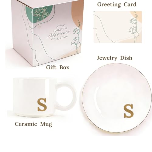 RainVibe Elegant Gift Set for Women – Personalized Monogram Ceramic Mug & Jewelry Tray – 12 oz Gold-Initial Coffee Cup with Gift Box, 4.75" Decorative Dish for Rings, Earrings, Keys (Letter S) - color: Letter S