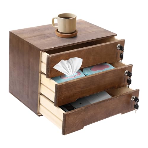 Wooden Desk Organizer with Drawers & Lock, Desktop Countertop Storage Cabinet Lockable Home Office Supplies File Tabletop Organizing Unit (3 Drawer - Retro Walnut) - style: 3 Drawer - Retro Walnut