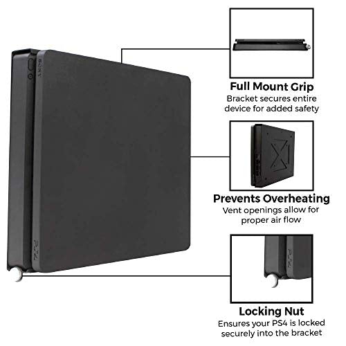 HumanCentric Wall Mount Compatible with PS4 Slim, 2 Controller Mounts Bundle, Mount on The Wall or on The Back of the TV with a VESA Pattern, Does Not Work with Fat or Pro PS4, Hardware Included