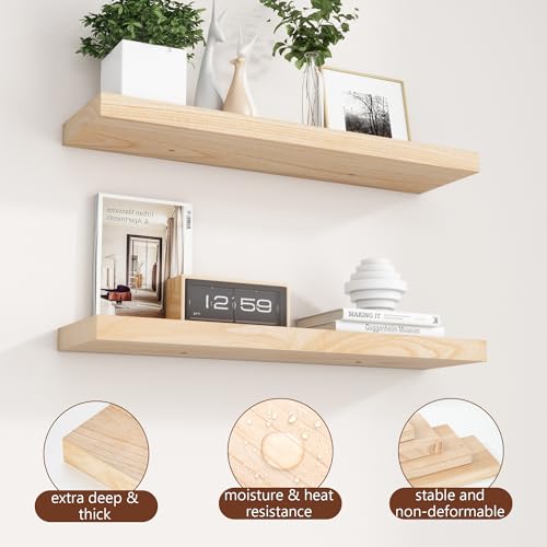 fuqing 30 Inch Floating Shelves | Natural Wood Wall Shelves Set of 2 | 30" W x 6.7" D Natural Wooden Floating Shelves for Living Room Bedroom Home Office - color: Natural, size: 30 Inch