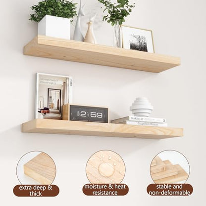 fuqing 30 Inch Floating Shelves | Natural Wood Wall Shelves Set of 2 | 30" W x 6.7" D Natural Wooden Floating Shelves for Living Room Bedroom Home Office - color: Natural, size: 30 Inch
