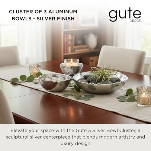 3-Compartment Silver Aluminum Chip and Dip Serving Bowl | 14.6” Large Clustered Snack Tray & Nut Dish for Parties | Decorative Textured Metal Candy Server Centerpiece for Home Table Decor, Home Gifts - color: Bright Silver 3 Cluster 14.6"