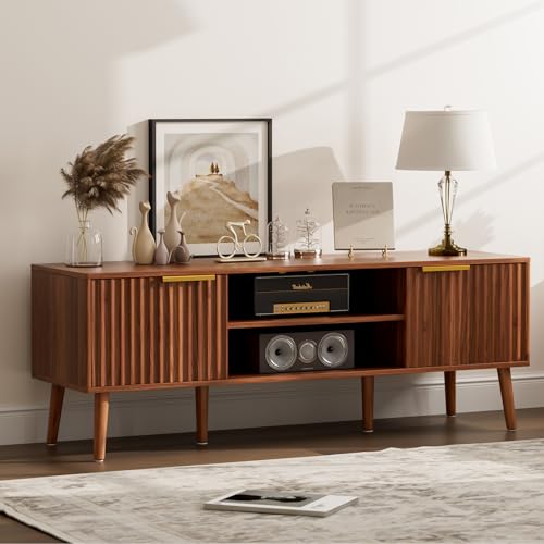 LCRBOL TV Stand with Fluted Doors for TVs up to 65", Mid-Century, Walnut | 54.3"W x 15.3"D x 19.6"H, 150 lbs capacity, 2 fluted door cabinets & 2 adjustable shelves, cable holes, 5 tapered legs - color: Walnut