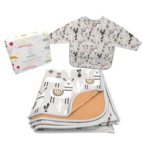 Splat Mat for Baby – Under High Chair Floor Mat Protects Wood, Vinyl and Carpet from Spills – Waterproof 4 Layer Baby Mat Bundle with Waterproof Matching Smock (51” x 51”) - color: Grey Alpaca & Matching Smock