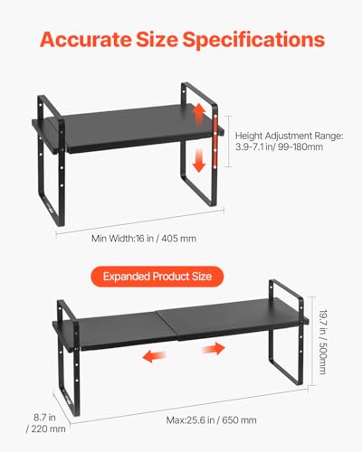 VEVOR Adjustable Kitchen Cabinet Shelf Organizer, Expandable 2 Tier Cabinet Shelf, Stackable Countertop Organizers and Storage Risers, Pantry for Kitchen Bathroom Office, Black - color: Black