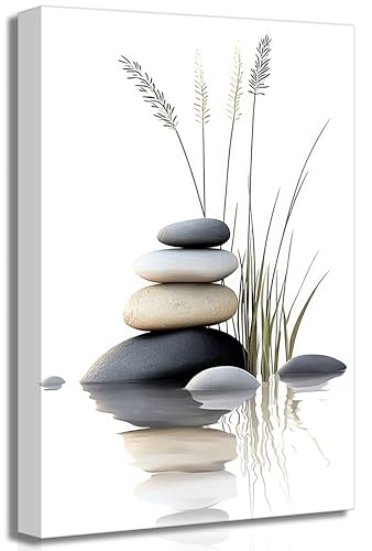 1Pcs Zen Stone Canvas Wall Art Stacked Stones in Water with Grasses Painting Picture Wall Decor Poster Print Suitable for Yoga Meditation Room Bathroom Bedroom Study Home Decoration - color: Zen Stone-Canvas, size: 16"L x 24"W