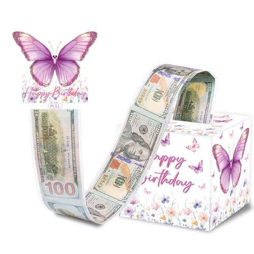 ChillHui Butterfly Birthday Money Gift Boxes, Pink and Purple Butterfly Birthday Money Pull Box for Girls - color: Pink Butterfly