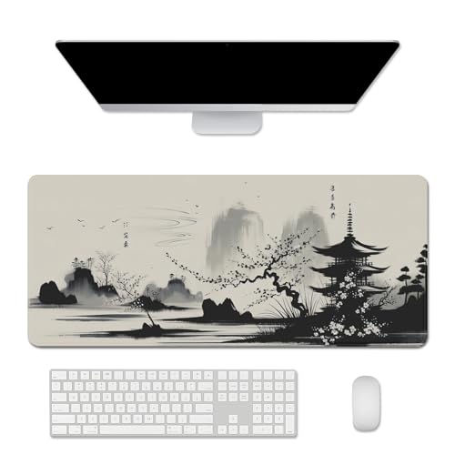 Cherry Blossom Mouse Pad Desk Mat Japanese Computer Pad (27.5X11.8 in) | Non-slip base, high-density smooth surface with no stuttering,Washable and colorfast,suitable for office, study, and gaming - color: ink wash cherry blossom