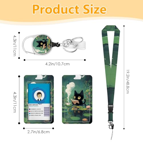 Black Cat and Plant for ID Badge Holder, Black Cat and Plant ID Badge Holder with Heavy-Duty Retractable Reel Clip, Gift for Teacher Nurse Adult - color: Blackcat-green