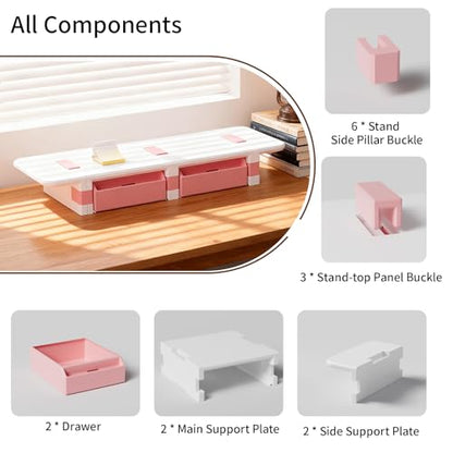 Desk Organizer and Accessories, Computer Monitor Riser Laptop Stand with Drawer Privacy Protection, Office Desk Accessories & Workspace Organizers for Office Supplies, Pink