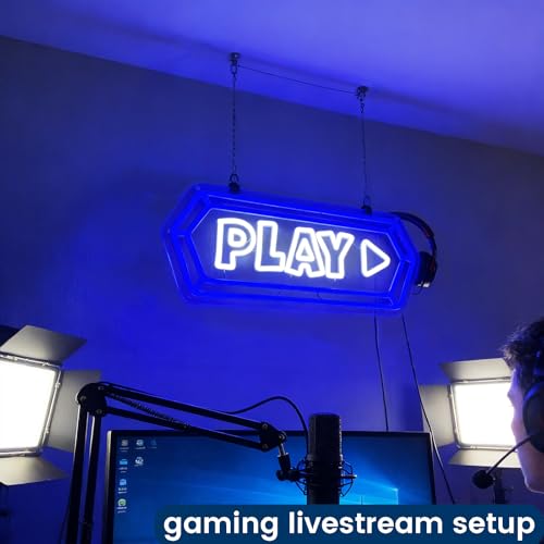 Play Neon Sign for Wall Decor, LED Play Button Light, USB Powered Dimmable Accent for Game Room, Bedroom, Gaming Setup, Gamer Gift - color: Blue-PLAY
