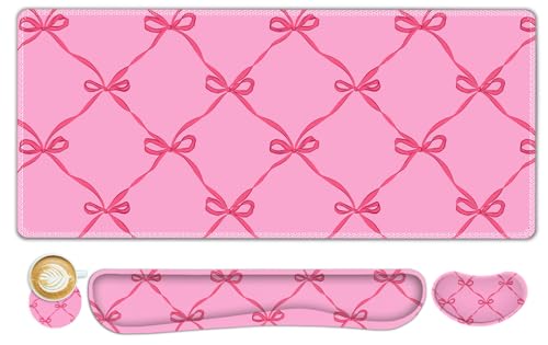 ToLuLu Large Mouse Pad Desk Pad Set, Wrist Rest Support Desk Mat for Keyboard Mouse, 4PCS 35.4”x15.7 XXL Giant Mouse Pad, Non-Slip Base Stitched Edges Mousepad Office Desk Decor, Hot Pink Bow - color: Hot Pink Bow