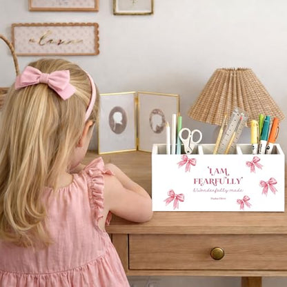 Girls Pink Bow Wooden Desk Organizer | Cute pink bow design; wooden pen and pencil holder keeps study, office, or home desktop supplies organized. - color: Fearfully Made