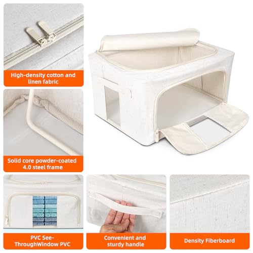 Foldable Clothes Storage Bins with Solid core powder-coated steel fram, 24/ 66L Storage Bags Fabric Box Organizer with Clear Window Zippers Sturdy Handles 2 Pack (Beige, 24L 1Pack) - size: 24L 1Pack