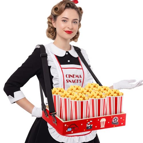 Movie Night Trays with Strap 15 x 10 x 3 Inch Wooden Snack Tray Party Wearable Serving Trays Usherette Popcorn Drink Beverage Carrier for Theater Family Room Film Carnival Prop Supplies(Party Style) - style: Party Style