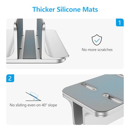 OMOTON Vertical Laptop Stand Holder, Desktop Aluminum Stand for MacBook with Adjustable Dock Size, Fits All MacBook, Surface, Chromebook and Gaming Laptops (Up to 17.3 inches), Silver - color: Silver