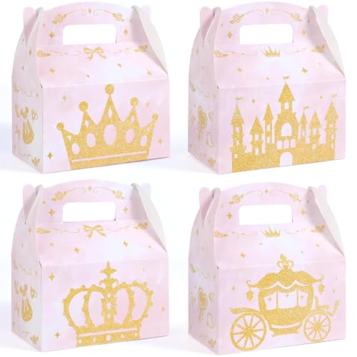 WERNNSAI 12 Pcs Princess Favor Boxes Gift Box for Princess Party Decoration | Diverse Princess Elements, Gold Glitter Crown Design, Sturdy and Easy to Assemble, Double-sided Design Styles - color: Princess