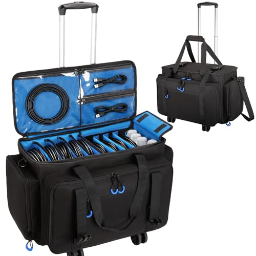 Rolling Dj Cable Bag with Laptop and Microphone Pocket, Dj Bag for Equipment and Music Accessories with Detachable Dividers, Bottom Pad, Dj Gig Bags for Musicians, Professional, Travel, Blue - color: Blue, style: Rolling Dj Cable Bag