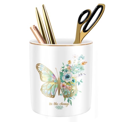 Cute Pen Holder for Desk, Ceramic Durable Pencil Cup, Simple&Modern Style Makeup Organizer, Multifunctional Office Supplies for Home, Kids and School, Butterfly Pattern - color: Butterfly Pattern