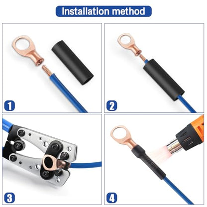 XHF 100PCS 1/0 AWG-3/8 Heavy Duty Battery Lugs with 3:1 Heat Shrink Tubing, Ring Terminals Battery Cable Ends Copper Eyelets Electrical Battery Connectors - size: 1/0AWG-3/8"-100PCS