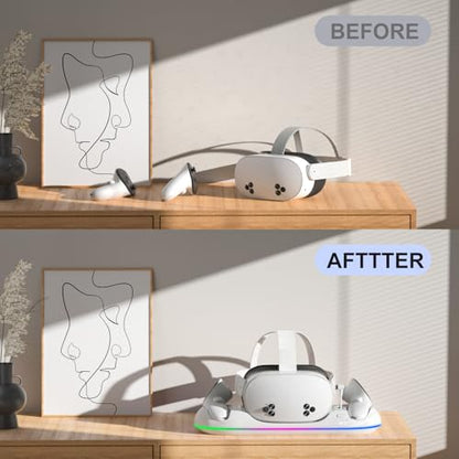 GearSpire Charging Dock Station for Quest 2/3/3S, White RGB LED Stand with USB-C Fast Charging, Controller Charger, VR Headset Accessories