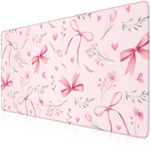 iCasso Pink Desk Mat,Cute Desk Pad for Women,Girly Bow Mousepad with Stitched Edges,Non-Slip Large Computer Mat for Study Gaming Home Office - color: Pink Flower Bow