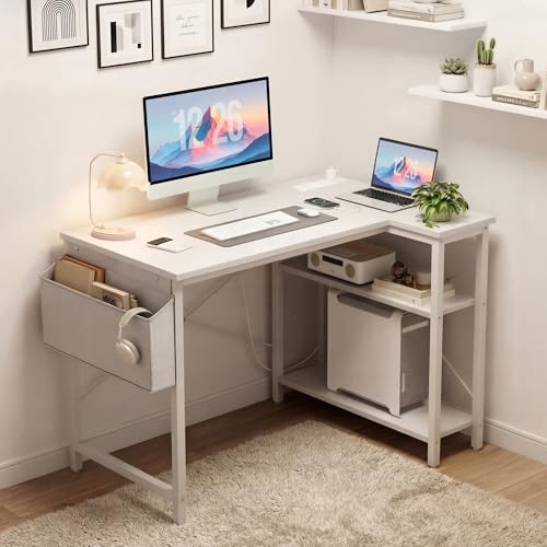 TIQLAB Small Computer Desk with Power Outlets, 40 Inch L Shaped Desk with Reversible Shelves, Gaming Desk Corner Desk Study Writing Desk for Home Office Bedroom Small Space, White - color: White, size: 40 Inch
