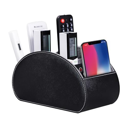 BONNY DODO Remote Control Holders Organizer Box with 5 Compartment PU Leather Multi-functional Office Desk Storage Caddy Store Tv Remote for Media Player,Brush,Pencil,Glassees&Office Supplies (Black) - color: BlACK, size: M