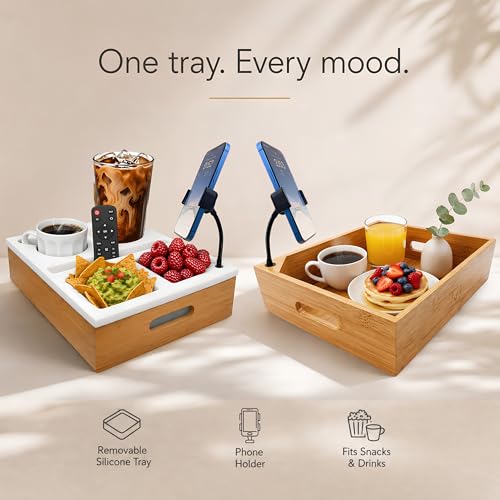 Couch Caddy with Cup Holder | Wood Couch Cup Holder Tray for Drinks, Snacks & Remotes | Sofa Couch Organizer with Phone & Cup Holder Tray (White) - color: White
