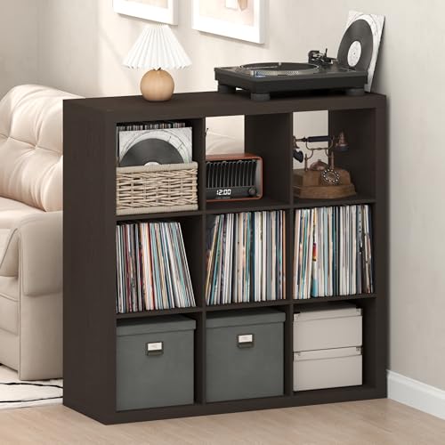 Furinno Cubicle Record Player Stand with Vinyl Storage, 9-Cube Vinyl Record Storage, 1.65" Triple Thick Open Back Media Shelf for CD DVD Blueray Game, for Living Room, Home Office, Black Dark Oak - color: Black Dark Oak, size: Triple Thick, 9-Cube Standar