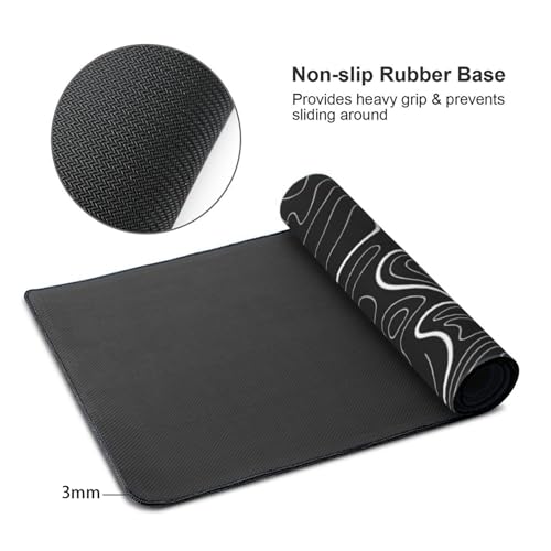 XXL Black Topographic Contour Big Mouse Pad Large,Gaming Mouse Pad Desk Pad,35.4x15.7x0.12 Inch Long Computer Keyboard Mouse Mat Mousepad Non-Slip Base and Stitched Edge for Gaming and Office - color: BlackTopographic Contour, size: 35.4Lx15.7W inches