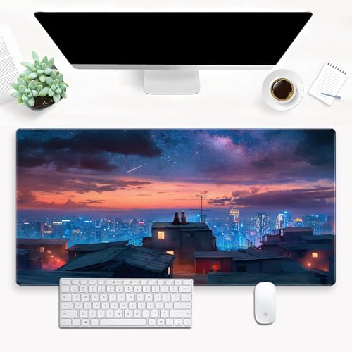 Extended Gaming Mouse Pad XL, Anime Desk Mat 31.5x15.7 in, Non-Slip Base | Ultra-smooth large mousepad featuring a cozy anime city night design. Perfect for mechanical keyboards and optical mice. - color: City starry night view