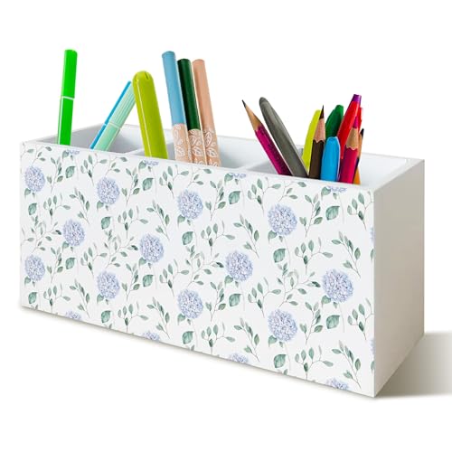 Grandmillennial Blue Hydrangea Pen Pencil Holder Organizer for Desk, Blue and White Chinoiserie Floral Botanical Wooden Box Block Sign for Home Office Tabletop Decor - color: Floral
