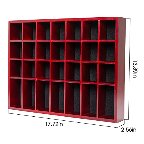 Shot Glass Display Case 18" x13" Solid Wood Wall Mounted Collection Cabinet 28 Slots Small Curio Cabinet Rack (No Door) Mahogany - color: Mahogany