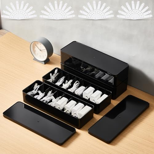 Tatuo 4 Pcs Cable Organizer Box with Wire Ties, Plastic Cord Storage Box with Lid, Electronics Organizer for Home Office Desk Organizers and Accessories (Black) - color: Black