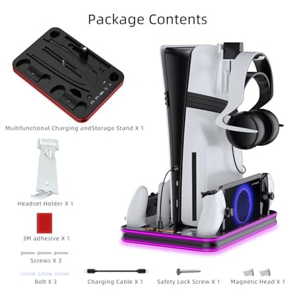 PS5 Pro/PS5 Slim/Stand and Cooling Station with LED Controller Charging Station for PlayStation 5 Slim Disc/Pro Digital Edition Console with 3 Level Cooling Fan, BlackLighting - color: Black