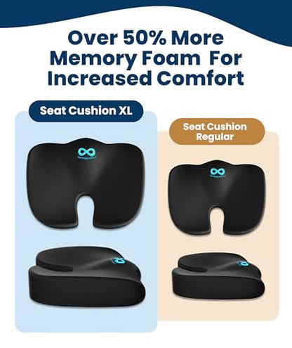 Everlasting Comfort Doctor Recommended Memory Foam Seat Cushion for Office Chairs & Car - Ergonomic Office Desk Accessories - Cushions for Tailbone Pain Relief, Sciatica (Black, X-Large)
