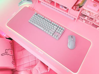 JMIYAV Pink RGB Gaming Mouse Pad 31.5x12 Inch PC XL Large Extended Glowing Led Light Up Desk Pad Non-Slip Rubber Base Computer Cute Mousepad Mat Desk Accessories Gaming Setup 31.5x12 Inch - color: P-pink Up3-10