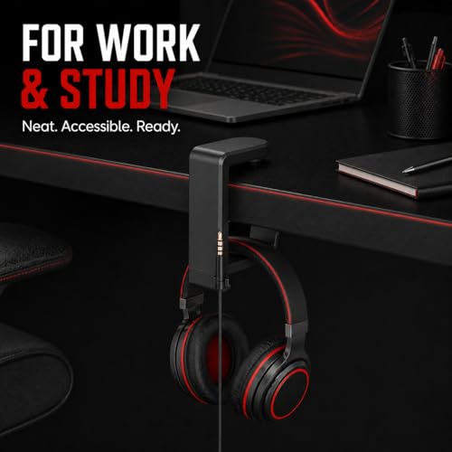 Clamp-On Under Desk Headphone Hanger, 360° Rotating Hook with Cable Clip, No Adhesive No Drill, Gaming & Office Desk Headset Organizer Black