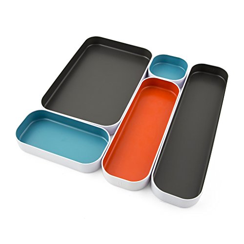 Three by Three Seattle 5 Piece Metal Organizer Tray Set for Storing Makeup, Stationery, Utensils, and More in Office Desk, Kitchen and Bathroom Drawers (1 Inch, Gray, Sky Blue, Orange) - color: Gray, Sky Blue, Orange, size: 5 Piece