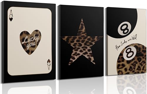3Pcs Trendy Leopard Canvas Wall Art Preppy Style Poker Spade Ace Lucky 8 Painting Picture Wall Decor Funky Chic Luxury Y2K Fashion Poster Aesthetic Print Artwork for Girls Bedroom Dormitory Room - color: Leopard Print Canvas, size: 16"L x 12"W