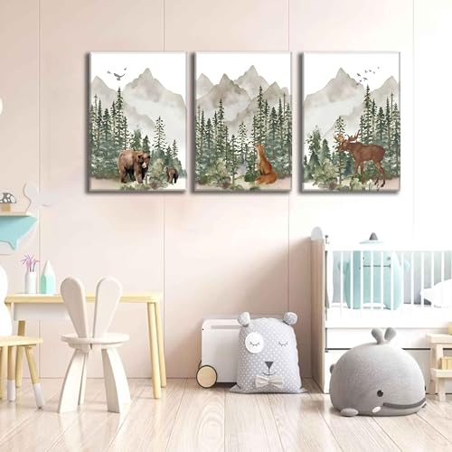 3Pcs Woodland Nursery Wall Art Wild Animals Posters Pictures Foggy Forest Canvas Prints Adventure Theme Kids Wall Decor Watercolor Paintings for Children Boys Room Girls Room Framed - color: Woodland Animal canvas, size: 16"Lx12"W