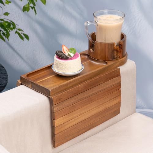Couch Cup Holder for Armrests Over 4.9" Wide, Acacia Wood Couch Arm Tray with 360° Rotating Cup Holder, 3 in 1 Foldable Sofa Arm Tray Table for Remote, Snacks, Phone, Drinks - color: Acacia Wood