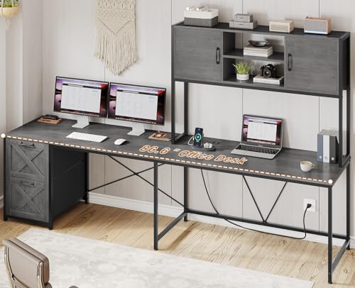 SEDETA L Shaped Gaming Desk, Reversible Computer Desk with Fabric Drawers and Power Outlet, Gaming Desk with Led Lights, Hutch and Storage Shelf for Home Office, Grey - color: Grey