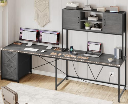 SEDETA L Shaped Gaming Desk, Reversible Computer Desk with Fabric Drawers and Power Outlet, Gaming Desk with Led Lights, Hutch and Storage Shelf for Home Office, Grey - color: Grey