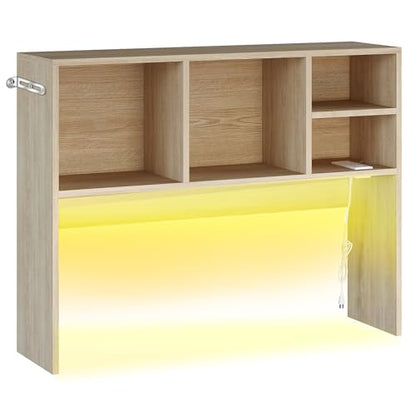 DreamDashio Desktop Bookshelf Organizer with Outlet & RGB Light, 2-Tier Multipurpose Wood Desk Hutch for Gaming, Home Office, Dorm, Oak White