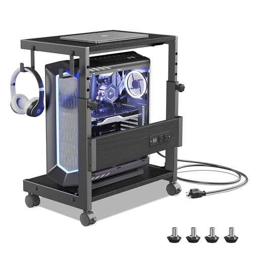Computer Tower Stand with Charge Station and USB Charging Port - Height Adjustable PC Tower Stand, Under Desk CPU Holder Cart with Locking Caster Wheels for Fits Most PC - color: Black