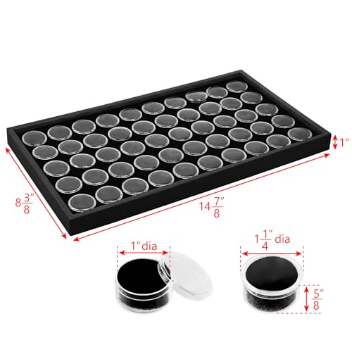 Ikee Design Black Foam Gem Jars Showcase Stackable Display Tray for Collectibles, Home Organization Storage Box with 50 Gemstones and Bead Storage Jars - color: Black Foam/Black Tray (50 Jars)