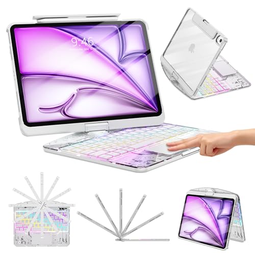 TSQQST Clear Wireless Keyboard Case for iPad Air 13 Inch (M4/M3/M2, 2026/2025/2024)/ iPad Pro 12.9" (6th/5th/4th/3rd Gen), 7-Color Backlit, Pencil Holder & Multi-Touch Trackpad, 360 Rotatable, White - color: Clear+White, size: Air13/Pro12.9