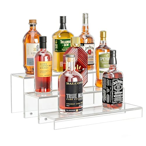 JUESHA 3 Tiers Bar Shelves for Liquor Bottles, 15" Bar Organizer for Countertop, Clear Acrylic Risers Display Racks Stands for Figures Pops Cupcake Perfume Collections (Patent: D1076520S) - color: Clear